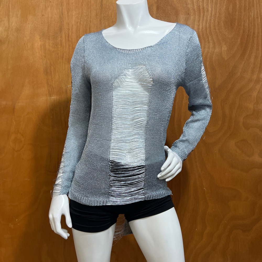 Jasmine Metallic Silver Knit Frayed Hem Top Women's XL Open Shredded Y2K